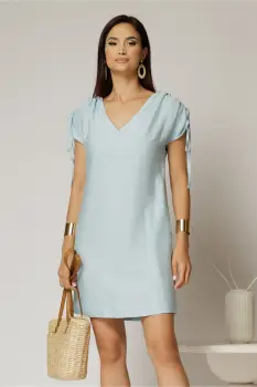 Rochie scurta bleu cu croi drept din rayon cu decolteu in V si snur la maneci imagine
