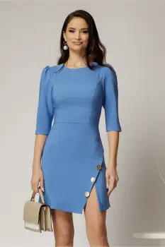Rochie scurta bleu cu fusta tip A si nasturi decorativi imagine