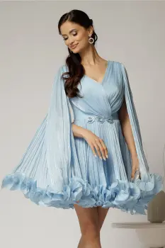 Rochie scurta bleu de ocazie cu aplicatii florale pe talie din voal peliculizat imagine