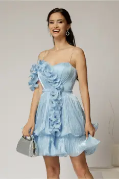 Rochie scurta bleu de ocazie cu volanas pe umar din voal peliculizat imagine