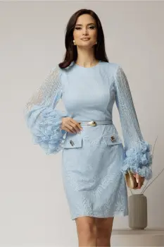 Rochie scurta bleu din dantela cu maneci ample imagine