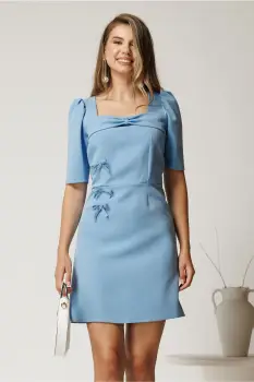 Rochie scurta bleu din stofa cu fundite imagine