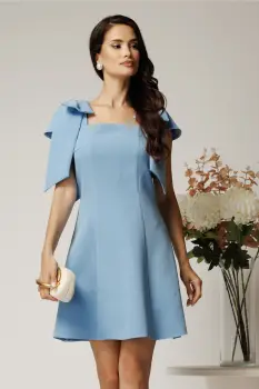 Rochie scurta bleu din stofa in clini cu funde la umeri imagine