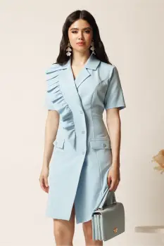 Rochie scurta bleu din stofa tip sacou cu croi cambrat si volan pe bust imagine