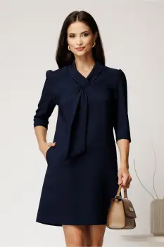 Rochie scurta bleumarin din stofa cu croi cambrat si guler tip esarfa imagine