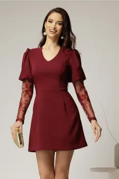 Rochie scurta bordo cu maneci din dantela si decolteu V imagine