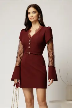 Rochie scurta bordo cu maneci din dantela si decolteu V imagine