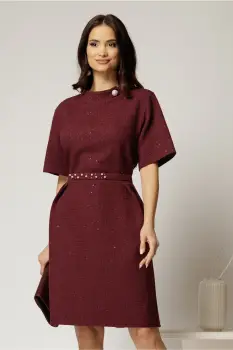 Rochie scurta bordo cu nasture perla la guler si fir lurex imagine