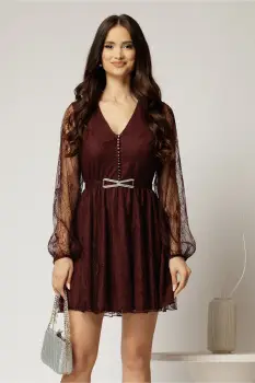 Rochie scurta bordo din dantela cu maneci bufante si curea imagine