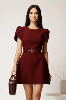 Rochie scurta bordo din stofa cu maneci tip lalea si curea in talie imagine