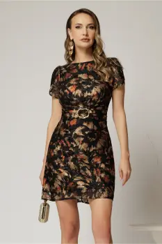 Rochie scurta din dantela neagra cu print maro auriu si catarama in talie imagine