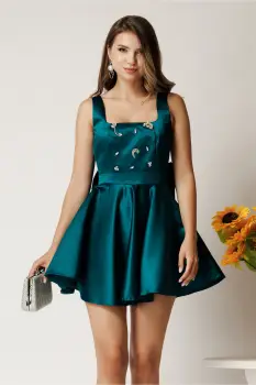 Rochie scurta eleganta turcoaz din tafta cu strasuri la bust si funda la spate imagine