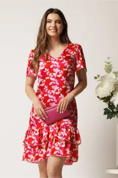 Rochie scurta fucsia din voal lejera cu print rosu si volane la baza- Moze imagine