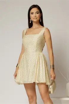 Rochie scurta gabena cu buline din tencel cu snur la spate si decolteu patrat imagine