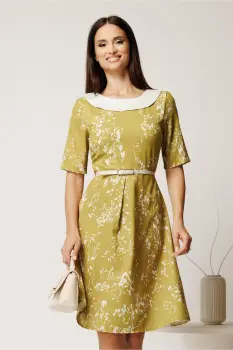 Rochie scurta galben mustar din triplu voal cu imprimeu alb si curea in talie imagine
