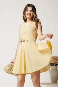 Rochie scurta galbena din bumbac clos cu pliuri pe bust si curea in talie imagine