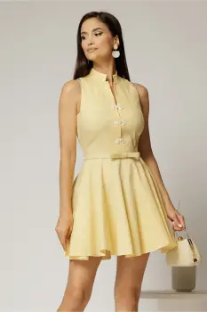 Rochie scurta galbena din poplin cu inchidere cu design la bust imagine