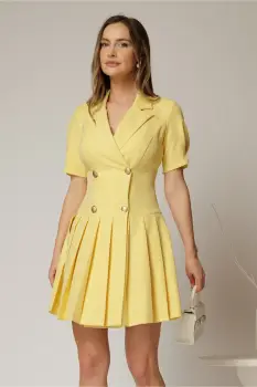 Rochie scurta galbena tip sacou cu pliuri pe fusta imagine
