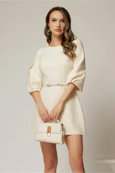 Rochie scurta ivoar din stofa cu maneci bufante si curea in talie imagine