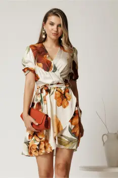 Rochie scurta ivory din satin cu imprimeu maro si cordon in talie imagine