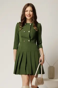 Rochie scurta kaki cu nasturi pe bust si pliuri pe fusta imagine