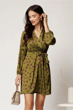 Rochie scurta kaki din satin cu buline mov si cordon in talie imagine