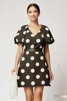 Rochie scurta kaki din stofa cu buline si curea in talie imagine