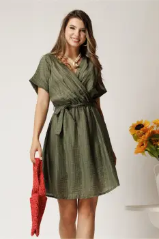 Rochie scurta kaki din tencel in clos cu elastic si cordon in talie imagine