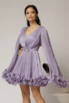 Rochie scurta lila de ocazie cu aplicatii florale pe talie din voal peliculizat imagine