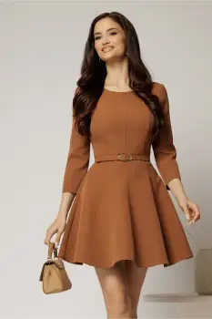 Rochie scurta maro cu croi in clini si curea in talie imagine