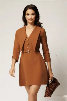 Rochie scurta maro din stofa cu guler maxi ascutit si curea in talie imagine