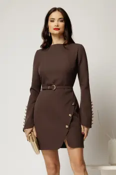 Rochie scurta maro inchis cu maneci decupate si nasturi eleganti imagine