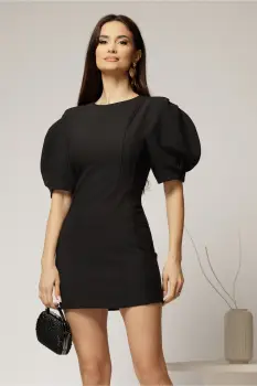 Rochie scurta neagra cu croi cambrat si maneci scurte bufante imagine