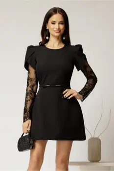 Rochie scurta neagra cu maneci din dantela si curea in talie imagine