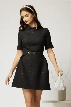 Rochie scurta neagra cu nasture perla la guler si fir lurex imagine