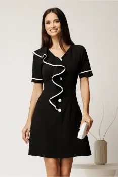 Rochie scurta neagra din bumbac cu croi cambrat, nasturi decorativi si volan imagine