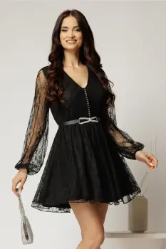 Rochie scurta neagra din dantela cu maneci bufante si curea imagine