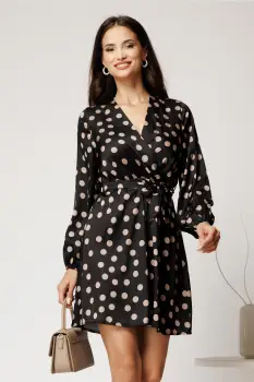 Rochie scurta neagra din satin cu buline bej si cordon in talie imagine