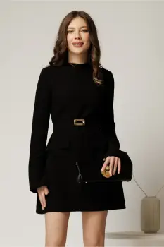 Rochie scurta neagra din stofa cu clapete tip buzunare si curea in talie imagine