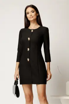 Rochie scurta neagra din stofa cu croi cambrat si nasturi decorativi imagine