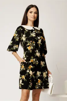 Rochie scurta neagra din stofa cu flori galbene si guler alb imagine