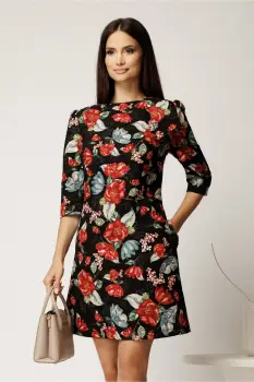 Rochie scurta neagra din stofa cu flori rosii si funda pe umar imagine