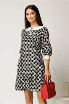 Rochie scurta neagra din stofa cu imprimeu geometric si guler alb imagine