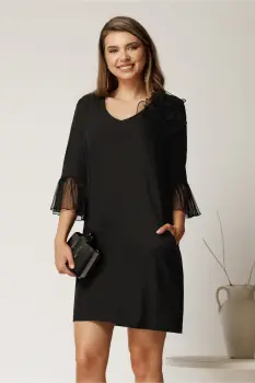 Rochie scurta neagra din stofa cu mansete din voal plisat si floare maxi imagine