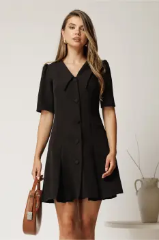 Rochie scurta neagra din stofa in clini cu nasturi si guler maxi imagine