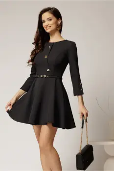 Rochie scurta neagra din stofa in clos cu nasturi pe bust si curea in talie imagine