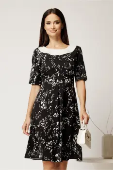 Rochie scurta neagra din triplu voal cu imprimeu alb si curea in talie imagine