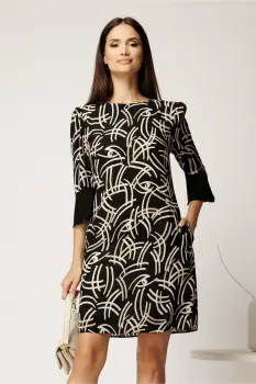 Rochie scurta neagra din voal cu imprimeu ivory si croi cambrat imagine