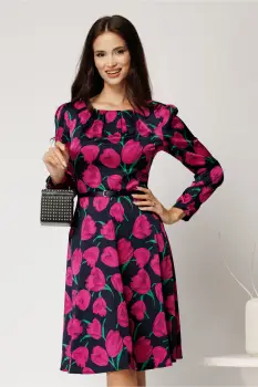 Rochie scurta neagra din voal satinat cu imprimeuri florale magenta imagine