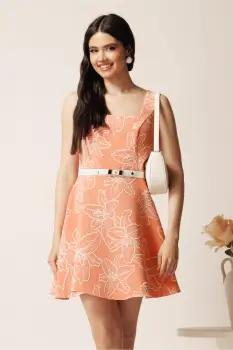 Rochie scurta orange in clos cu model floral 3D si curea in talie imagine